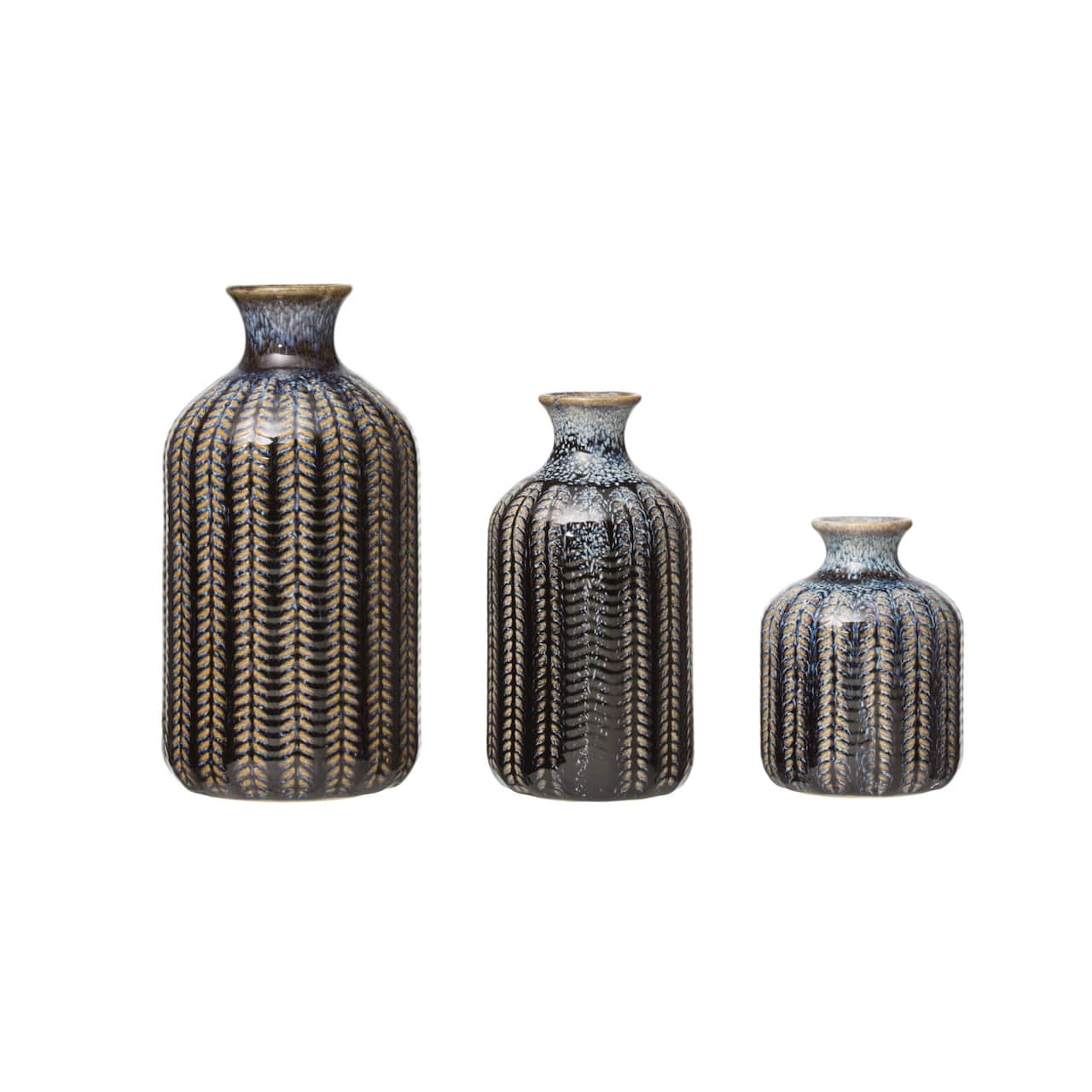 Embossed Stoneware Vase with Reactive Glaze Finish Set